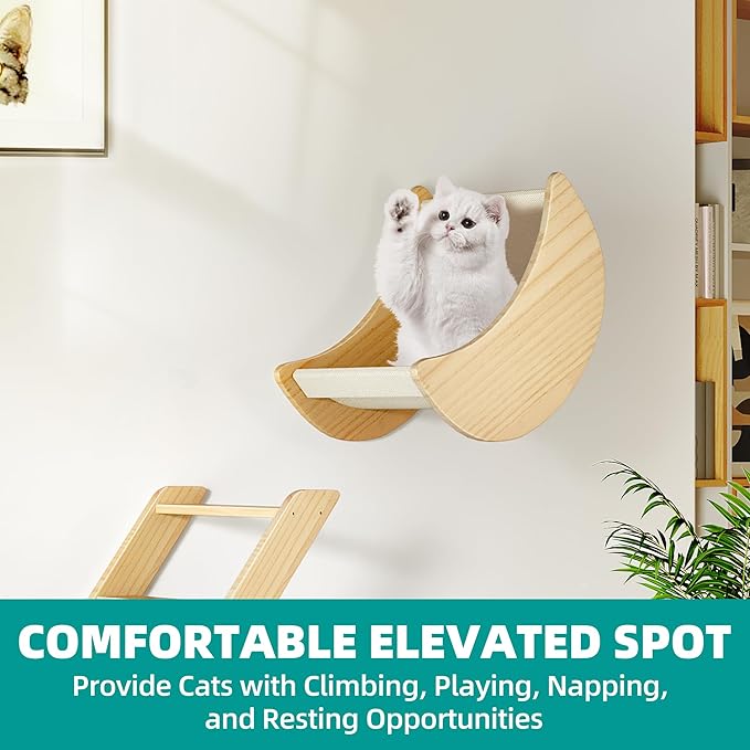 YITAHOME Solid Wood Cat Wall Shelves and Perches for Wall, Pine Wall Mounted Cat Tree Set of 5, Cat Climbing Shelves with Moon Cat House, Cat Bridge Ladder Indoor Mounted Condos House