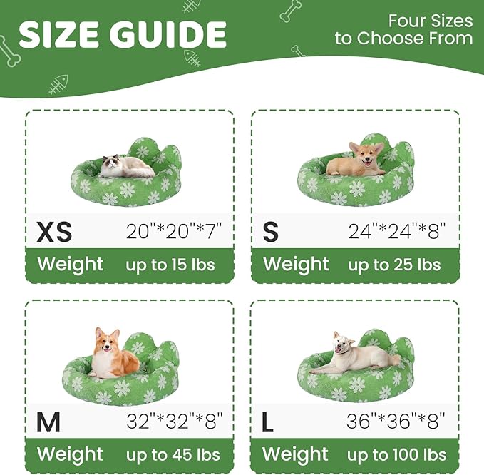 Cat Bed & Dog Bed, Removable Cozy Soft Cat Bed Washable Round Cute Dog Bed with Jacquard for Small Medium Cats and Dogs, Green Flower M