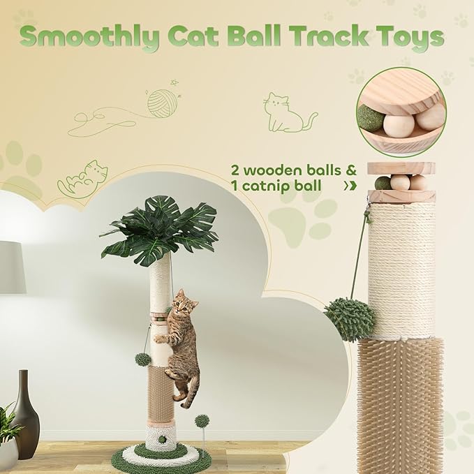 EMUST 40.2" Scratching Posts for Indoor Cats Adults, Cat Scratching Post with Nature Sisal Rope and Interactive Ball, Monstera Cat Scratch Post with Sturdy Base
