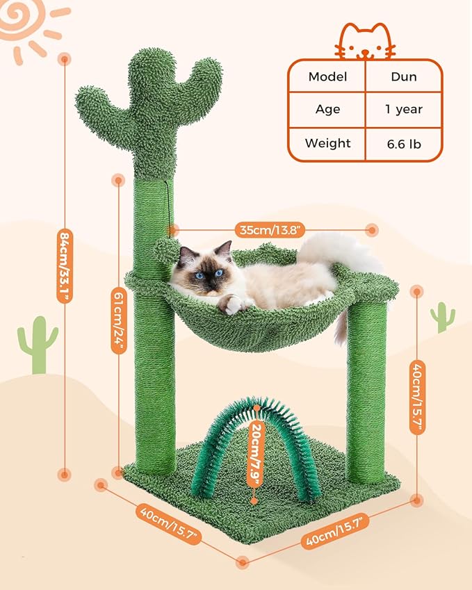 Cactus Cat Tree for Medium Cats with Arch Cat Self Groomer and Hammock, Cat Scratching Post for Indoor Kitten with Dangling Ball and Full Wrapped Natural Sisal Rope,Green