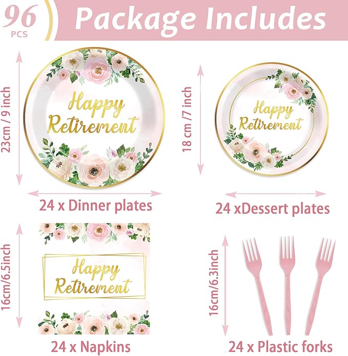 96Pcs Flower Retirement Party Decorations for Women White Peony Happy Retirement Plates Tableware Pink Gold Floral Retirement Dinnerware Napkin for Goodbye Going Away Farewell Party Supplies 24 Guests