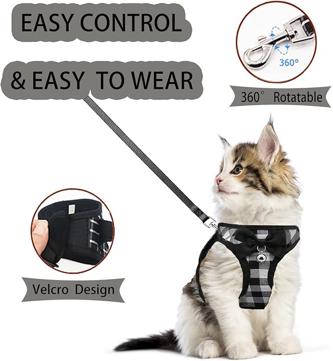 Cat Leashes and Harnesses for Walking,Breathable Soft Kittens Vest for Cats Dogs, Kitten Harness Escape Proof with Bell and Bow-Knot Decoration Christmas(L, Black-White)