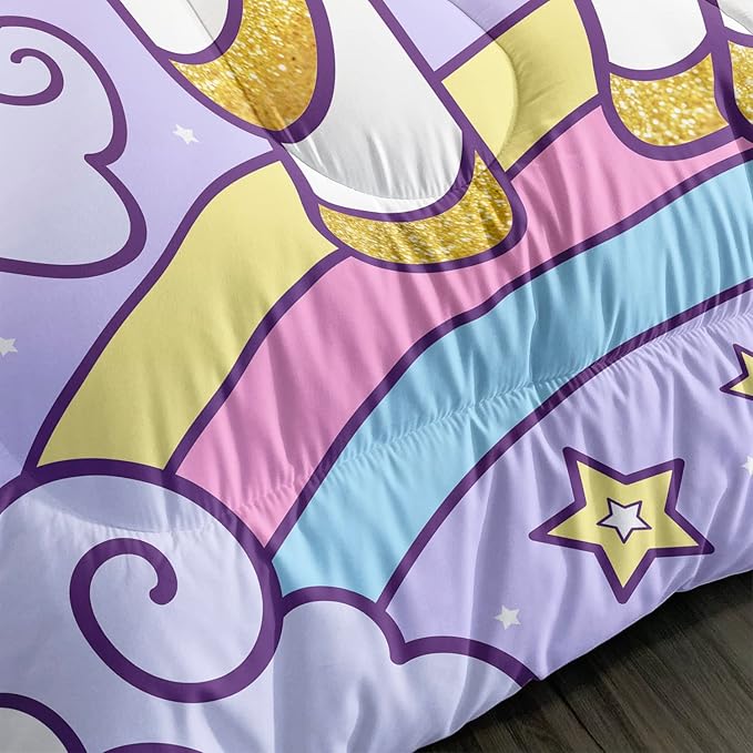 Axolotl Rainbow Unicorn Bedding Set Queen,Purple Unicorn Kids Comforter Sets with Stars Cloud for Girls,1 Quilt with 2 Pillowcases for Girls Kids Teens Children Adults Bedroom Decor All Season