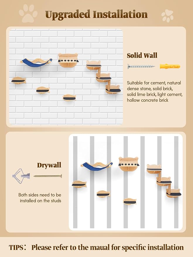 Cat Wall Shelves, Cat Wall Furniture Cat Shelves & Perches for Wall Climbing Cat Wall Steps Set Cat Wall Climber with Cat Hammock, Cat Perch, Sisal Cat Scratching Post