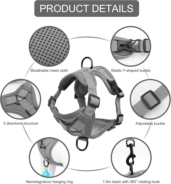 Cat Harness and Leash Set, Upgraded Escape Proof Adjustable Kitten Vest with Lead for Small Cat Outdoor Walking, Soft Breathable Mesh Jacket with Reflective Strips for Dark Night (S, Mature Gray)