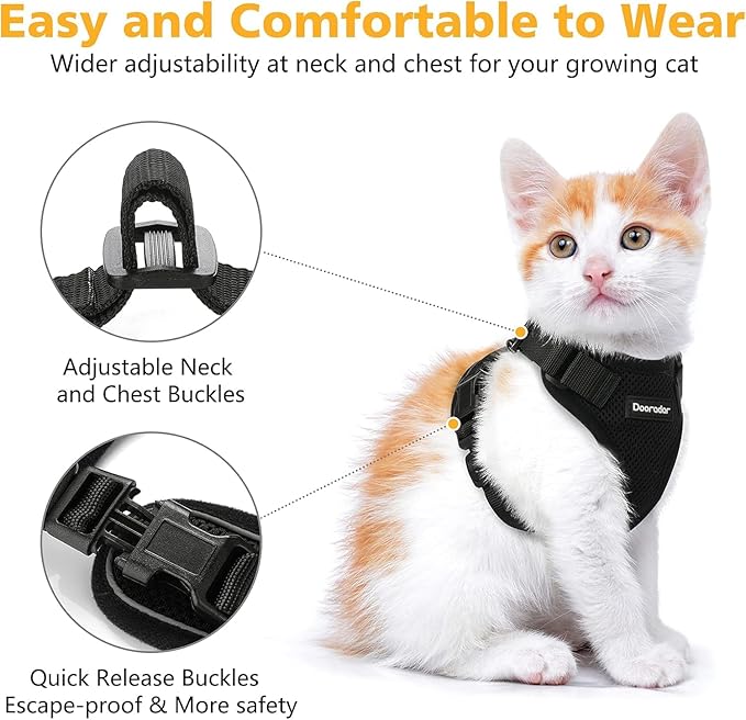 Dooradar Cat Harness and Leash Set, Escape Proof Safe Adjustable Kitten Vest Harnesses for Walking, Easy Control Soft Breathable Mesh Jacket with Reflective Strips for Cats, Black, XXS