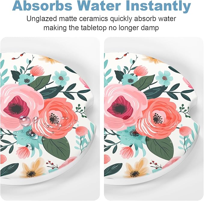 2 Pack Car Cup Holder Coaster, 2.63 inch Anti Slip Insert Absorbent Ceramic Car Coaster with Cork Base and Finger Notch, Cute Car Accessories Interior for Women, Cute Car Coasters., CH0025