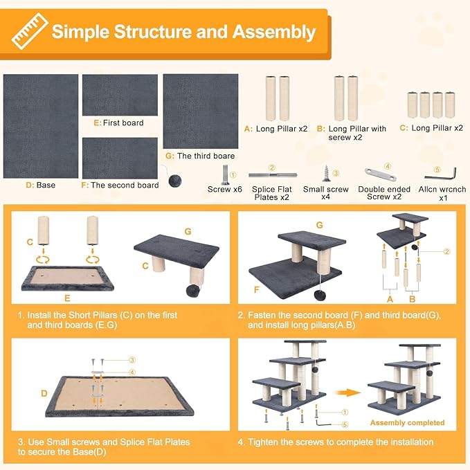Dog Stairs, Cat Scratching Post 3 Steps Stairs for Cats and Dogs, Stable 20 inch Pet Stairs for High Beds & Sofas Protect Pet's Joints, Grey