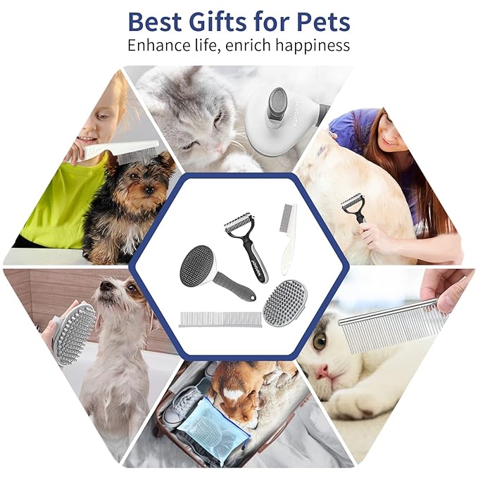 5 in 1 Dog Grooming Kit - Self-Cleaning Slicker Brush for Shedding Short Long Haired Dogs & Cats, Includes Pet Comb, Flea Comb, Bath Brush, Undercoat Rake - Complete Fur Care Set - Gray