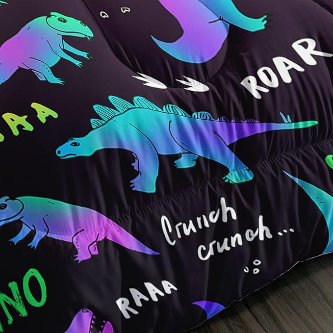 Axolotl Cartoon Dinosaur Bedding Set,Twin Size Kids Bed Set,Gradient Dinosaur Comforter Set,1 Quilt with 2 Pillowcases for Boys Girls Kids Teens Children Adults Room Decor All Season,Black