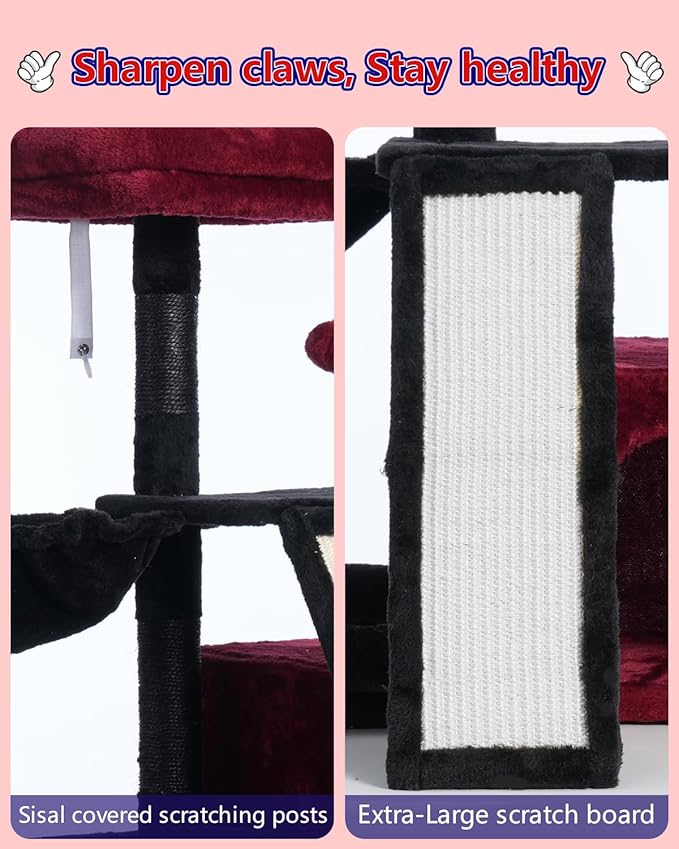 Gothic Cat Tree, Halloween Cat Tower with condo, Basket, Large Bed, Platform, Scratch Board, Cat Scratching Posts for Indoor Cats, Black and Red GCT002SBR