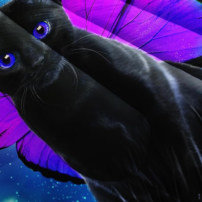 AILONEN Black Cat Comforter Set Queen Size, Butterfly Cat Bedding Set for Girls Boys,Blue Starry Moon Purple Mushroom Duvet Set 3 Pieces, 1 Quilt and 2 Pillowcases