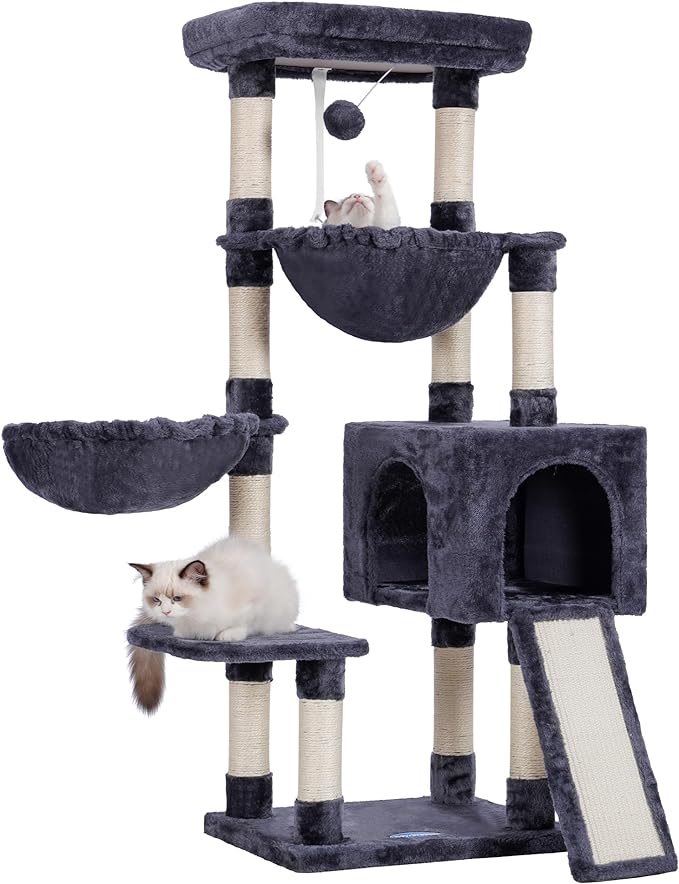 Hey-brother Large Cat Tree, Cat Tower for Indoor Cats, Cat House with Padded Bed, Cozy Condo, Hammocks, Sisal Scratching Posts, Big Scratcher, Smoky Gray MPJ006-MG