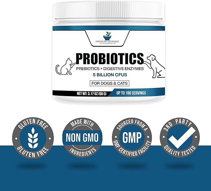 American Standard Supplements Probiotics for Dogs & Cats with Prebiotics & Digestive Enzymes, 5 Billion CFU, 9 Strains, 3.17oz (90g), 180 Servings - Dog & Cat Probiotics for Gut Health & Digestion