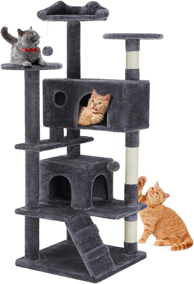 Cat Tree, 54-Inch Cat Tower for Indoor Cats with Sisal Scratching Post, Cat Play House, Large Kitty Condo, Plush Multi-Level with Climbing Ladder