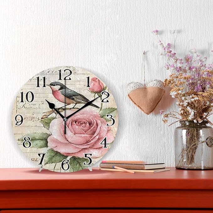 ALAZA Hummingbird Wall Clock Love Birds Clock Roses Flowers Battery Operated KitchenClock 9.5 Inch Bathroom Clock Non Ticking Round Bedroom Living Room Decor