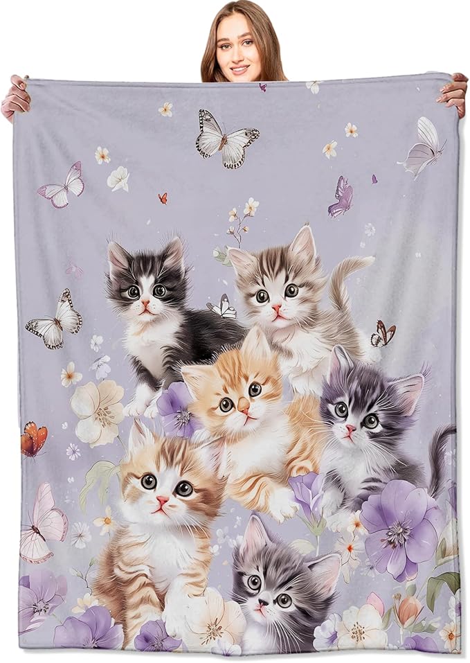 Adorable Kitten Blanket Cute Cat and Butterfly on Lavender Throw Blankets Gifts for Girls Women Adults Lightweight Soft Fleece Cozy for Sofa Couch Bed Room Travel Birthday Decor 40x50in