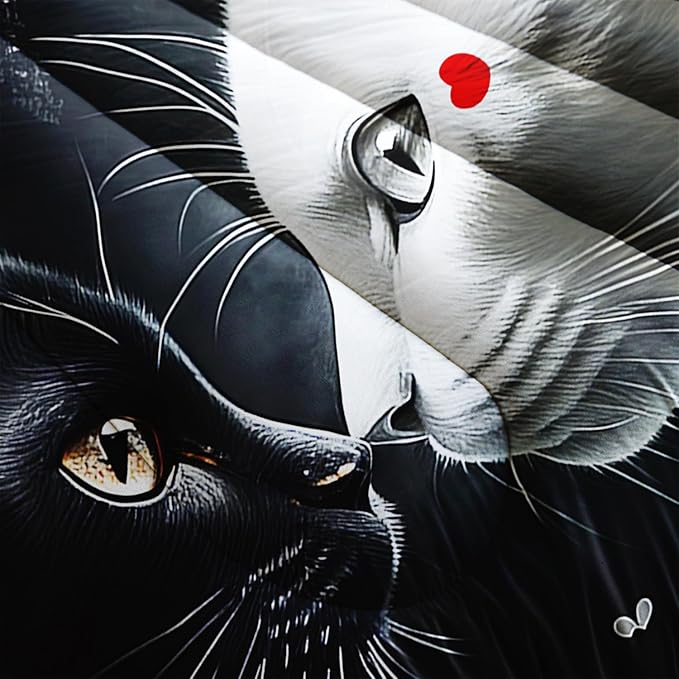 AILONEN Rose Cat Comforter Set Queen Size, Black & White Cat Couple Bedding Set for Kids Boys,Valentine Room Decor Romantic Duvet Set 3 Pieces, 1 Quilt and 2 Pillowcases