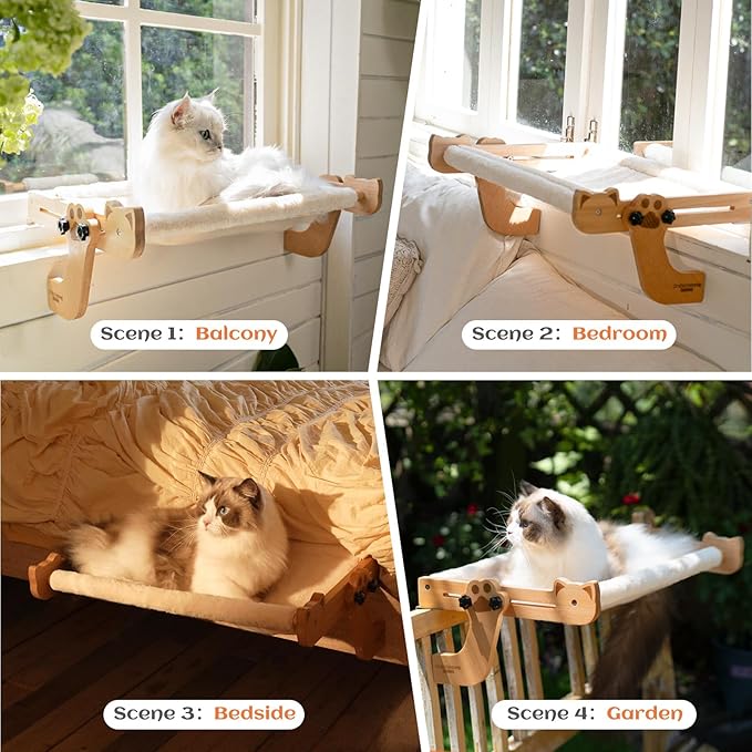 Cat Window Perch for Indoor Cats Wooden Cat Bed Window with Cushion, Cat Hammock for Windowsill Cat Shelf Adjustable Cat Seat for Bedside and Cabinet, Cat Furniture(Large)