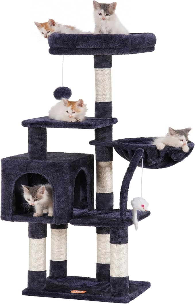 Heybly Cat Tree with Toy, Cat Tower condo for Indoor Cats, Cat House with Padded Plush Perch, Cozy Hammock and Sisal Scratching Posts, Smoky Gray HCT004SG