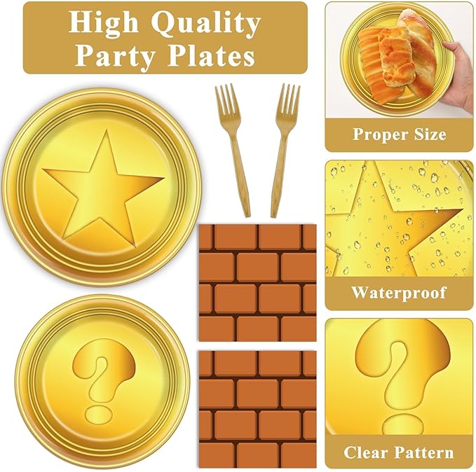 96 Pcs Super Brothers Party Supplies Game Theme Party Plates and Napkins Video Game Theme Tableware Set Decor Party Decorations for Birthday Baby Shower Party Favors for 24 Guests
