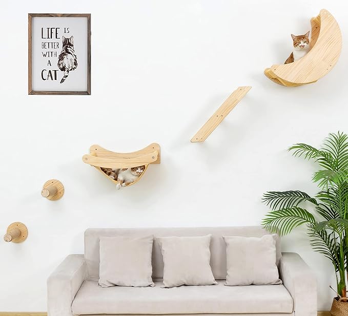 Cat Shelves and Perches Wall Mounted Cat Hammock for Lagre Cats Beds & Furniture Wood Moon Cat Shelf with Climbing Steps(Plus Size)