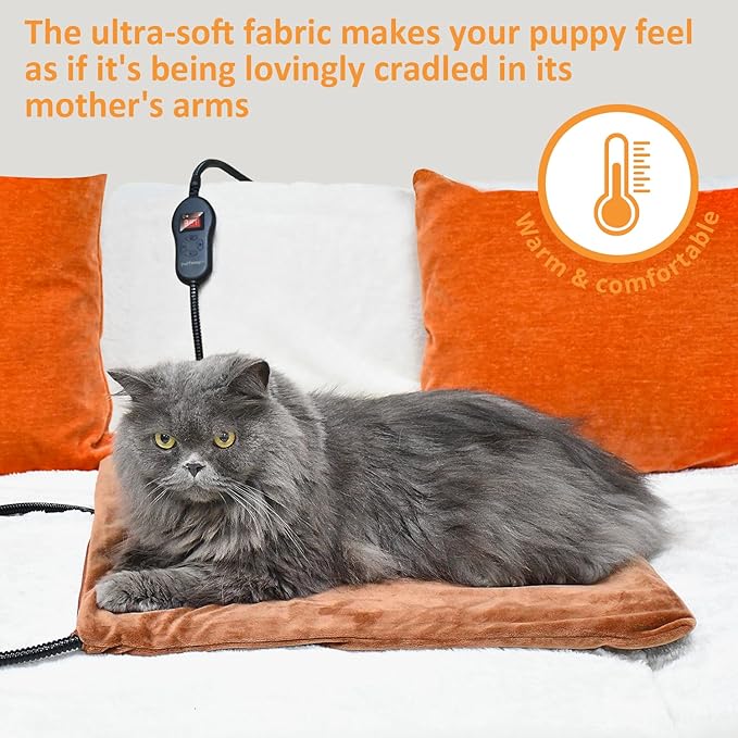 Upgraded Pet Heating Pad, 5 Adjustable Temperature & Timer, Electric Heated Dog Cat Bed for Winter, Auto Power-Off, Waterproof Chew-Resistant (S:16'' x 13'')