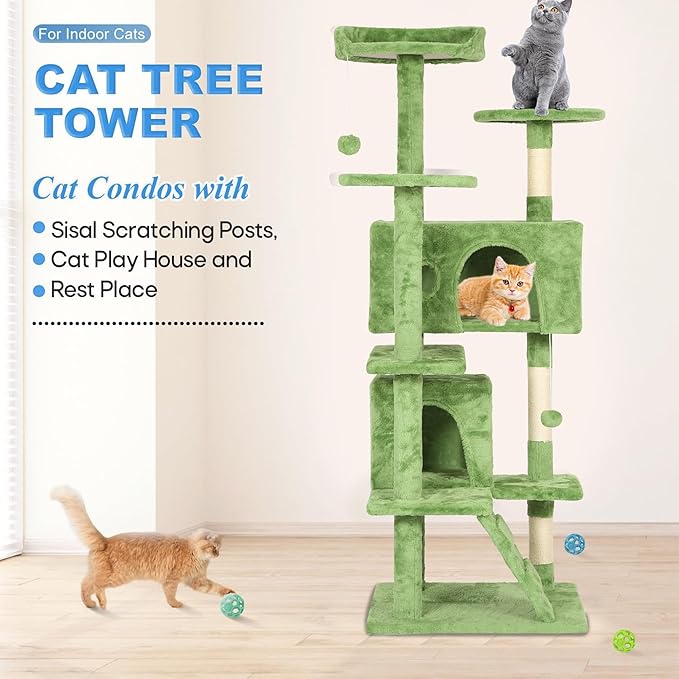 FDW Cat Tree 54in Cat Tower Multi-Level Durable Cat Scratching Post & Cozy Fun Cat Jumping Platform Space Saving Cat Condo Pet Play House for Indoor Cats,Green
