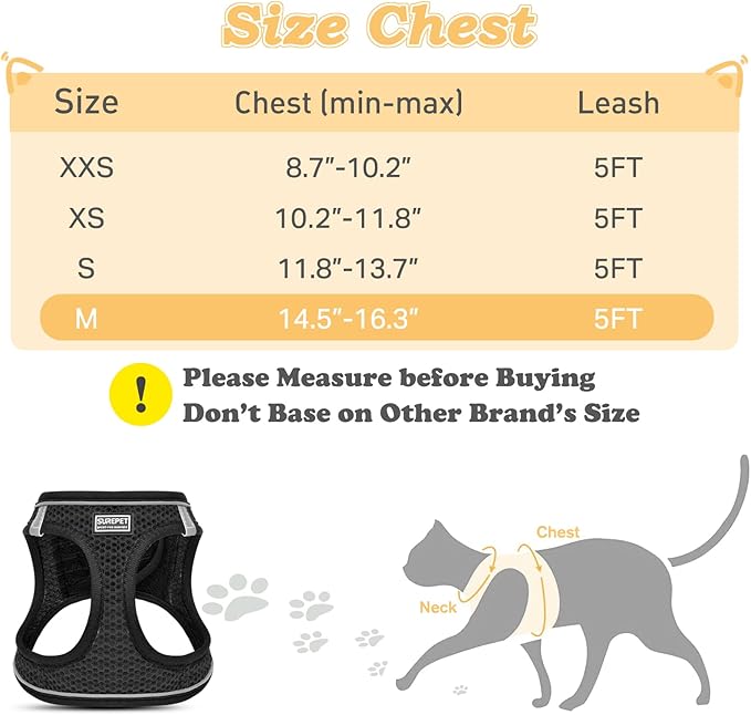 Cat Harness and Leash for Walking Escape Proof, Adjustable Kitten Vest Harness Reflective Soft Mesh Puppy Harness for Outdoor, Comfort Fit, Easy to Control (Black, M)