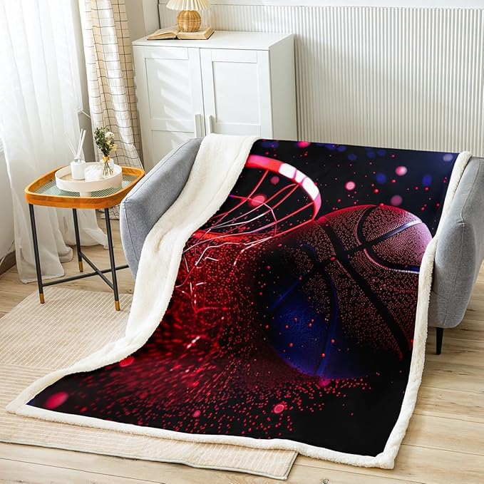 Basketball Court Sherpa Blanket 3D Basketball Fleece Throw Blanket for Sofa Couch Bed Decor Sports Theme Plush Blanket Colorful Glitter Fuzzy Blanket King 87x95 Inch