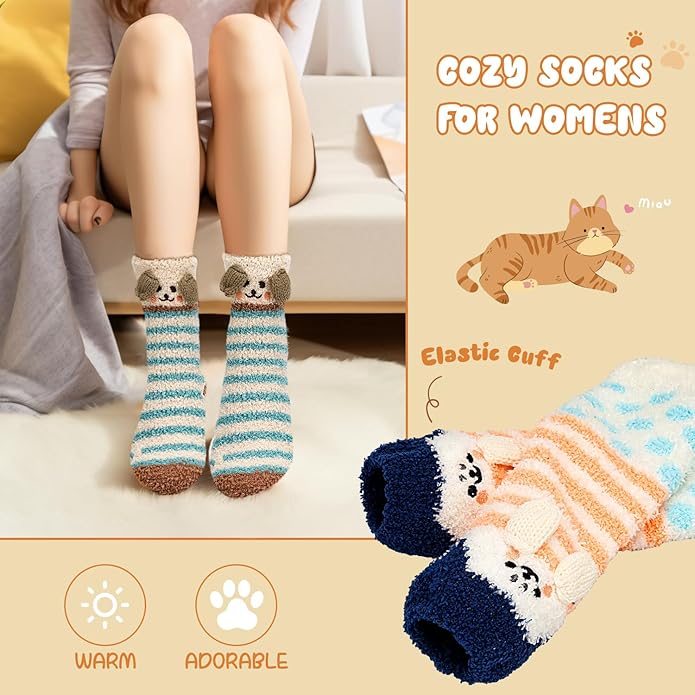 3-6 Pairs Womens Fuzzy Socks Cozy Fluffy Slipper Socks Cute Soft Cat Animal Winter Warm Sleep Socks Gifts