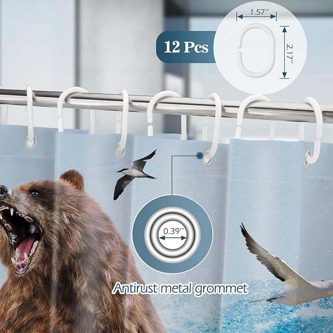 Aimego Extra Long Shower Curtain - Funny Cool Bear Riding Shark Crazy Ocean Wave Fabric Cloth Shower Curtain Set with 12 Hooks Adults Bathroom Decor Accessories Bathtub Curtain, 72"x84", Blue Brown