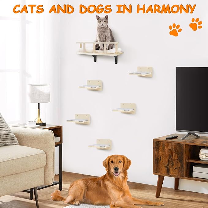 Cat Wall Shelves with 5 Steps, Cat Shelves and Perches for Wall, Cat Wall Furniture Cat Climbing Shelf for Indoor with Plush Covered, Gift for Medium/Small Cat (Gray Steps, 1pack)