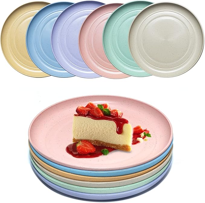 6 PACK 6 Inches wheat straw plates, Unbreakable Deep Dinner Plates, Plastic Plates Reusable, Assorted Colors Dinnerware Sets, Microwave & Dishwasher Safe, Healthy for Kids & Adult