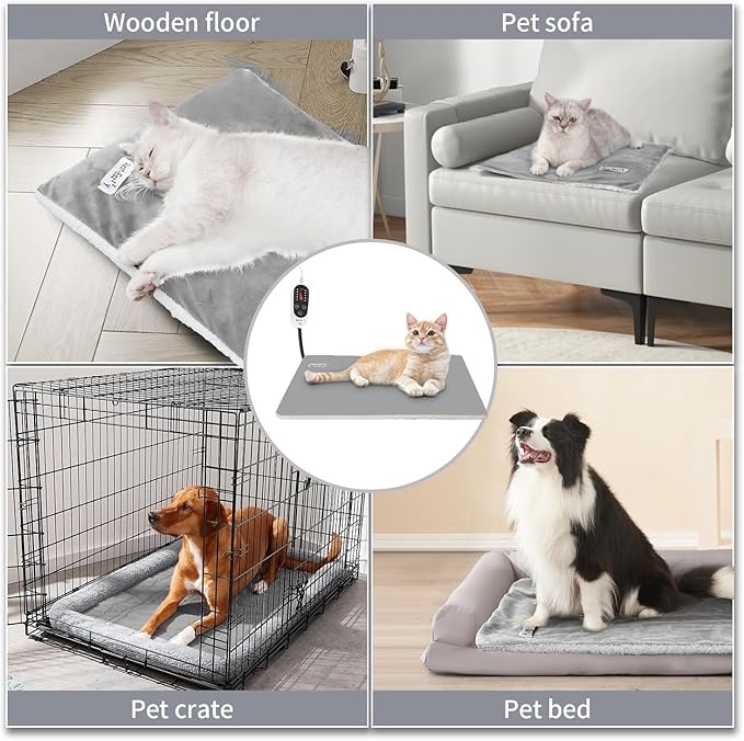 Rest-Eazzzy Cat Heating Pad, Cat Bed with Removable Cover Heated Cat Bed 5 Level Timer and 5 Level Temperature, Cat Beds for Indoor Warming Mat for Cat Dog (Heat pad, Pure-Grey,M)