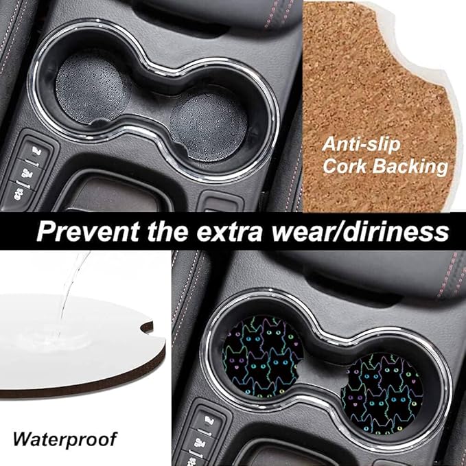 Absorbent Car Cupholder Coaster 2 Pack, Cute Car Coasters with a Finger Notch for Women & Men,2.56" Ceramic Stone & Non-Scratch Cork Base Drink Coasters, Cute Auto Accessories Gifts (Cute Cats)