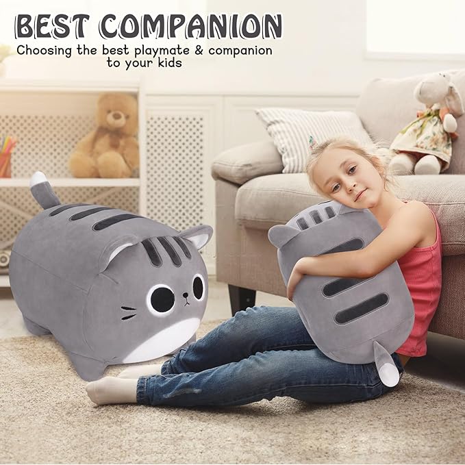 Auspicious beginning Grey Cat Stuffed Animal-15.8'' Cat Plush Toy, Cat Plushie Pillow, Kawaii Soft Plush Cat Pillow Stuffed Cat Toys, Room Decoration Chirsmas Birthday Gifts for Kids Girls Boys