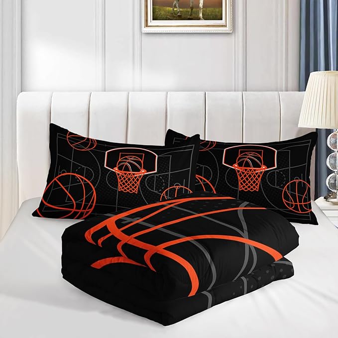 Basketball Court Print Twin Comforter Set for Boys,Ball Sports Games Bedding Set for Teens Kids Bedroom Decor,Orange Basketball Comforter Sets with 2 Pillowcases.