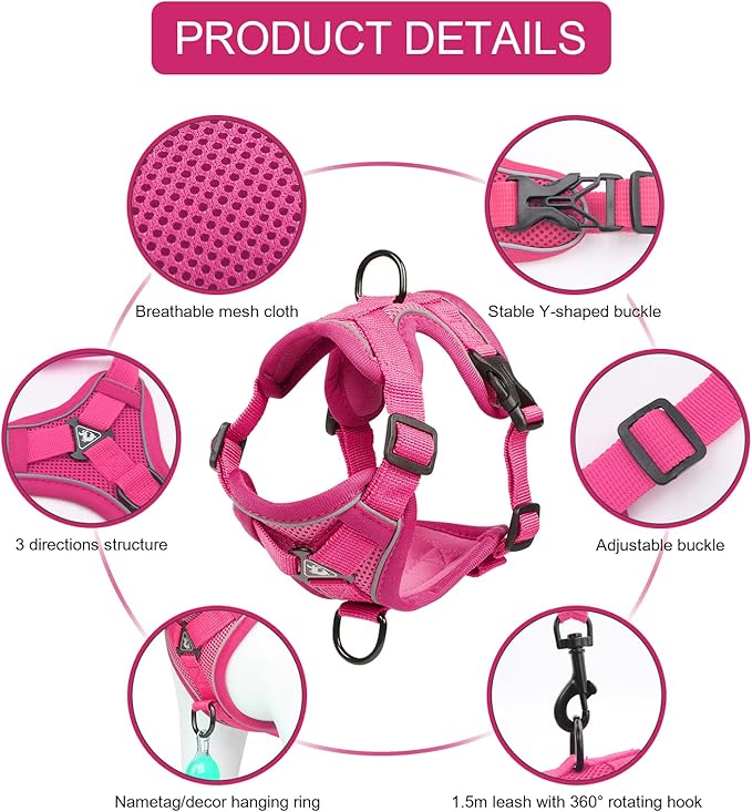 Cat Harness and Leash Set, Upgraded Escape Proof Adjustable Kitten Vest with Lead for Small Cat Outdoor Walking, Soft Breathable Mesh Jacket with Reflective Strips for Dark Night (S, Rose Pink)