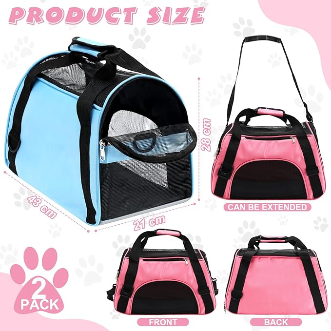 2 Pcs Pet Carrier, Soft Sided Pet Travel Carrier for Cats, Airline Approved Kitty Portable Dog Bags for Traveling Little Dogs, Rabbits, Puppy, Cat(S,Pink, Blue)