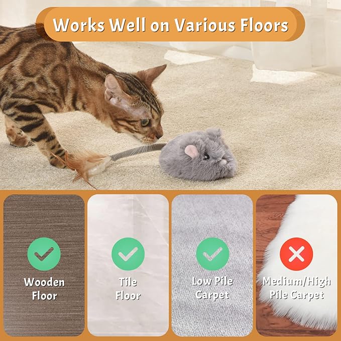 Automatic Cat Toy Cat Mouse Toy Moving Cat Toy with Furry Tail Boredom Busters Interactive Cat Toys for Indoor Cats Hunting Cat Mice Toys (Grey)