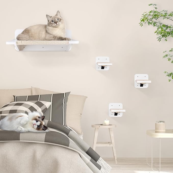 Cat Hammock Cat Wall Shelves with 3 Cat Wall Steps, Wall Mounted Cat Shelves and Perches with Hemp Rope Scratching, Cat Wall Furniture Climbing Shelves for Indoor Cats, Cat Bed and Stairs Set for Gift