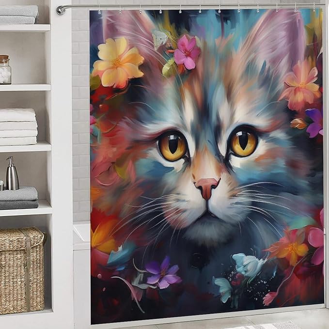 Abstract Floral Cat Shower Curtain 4 Piece Sets with Non-Slip Rugs,Toilet Lid Cover and Bath Mat Flower Cute Animal Rustic Waterproof Shower Curtain with 12 Hooks Bathroom Set Home Decor, Style-5