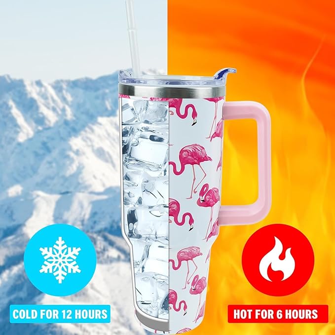 40 oz Tumbler with Handle and Straw, Stainless Steel Insulated Cup with Leak Proof Lid and Straw Lid, Keep Drinks Cold and Hot for Hours(Flamingo)
