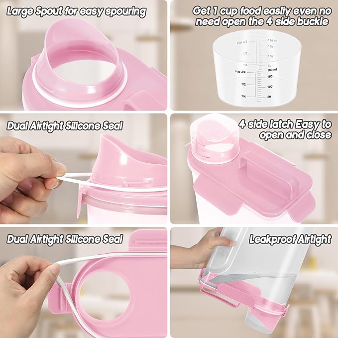 5Lbs Dog Cat Storage Container Portable with Upgraded Large Spout and Cup,Plastic Pet Food Dispenser for Small Animal Kibble,Bird Seed,Oatmeal,Rice,flour,brown sugart- Light Pink