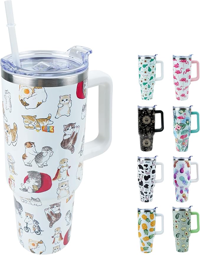 40 oz Tumbler with Handle and Straw, Stainless Steel Insulated Cup with Leak Proof Lid and Straw Lid, Keep Drinks Cold and Hot for Hours(Cat)