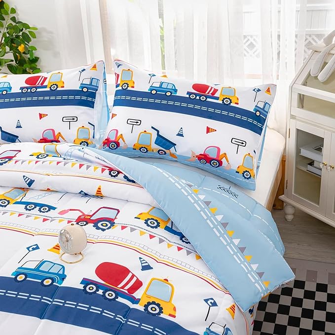 Axolotl Cartoon Car Kids Comforter Set Full,Construction Bedding Set Trucks Excavator Tractor Bed Set with 1 Quilt 2 Pillowcases for Boys Girls Teens Adults Bedroom Decor(Blue Red)