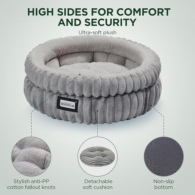 BALANCE Cat Bed Kitten Bed, Washable Round Cat Beds for Indoor Cats, Super Soft Plush Faux Fur Pet Bed for Puppy and Kitten with Anti-Slip Bottom
