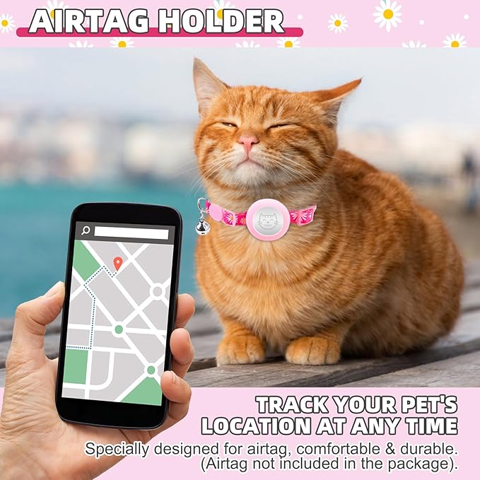 KOOLTAIL Cat Harness and Leash Set Escape Proof with Airtag Holder Collars (3 in 1), Comfortable Lightweight Adjustable Kitten Harness for Small Medium Large Cats Safe Walking & Travel,Pink Daisy