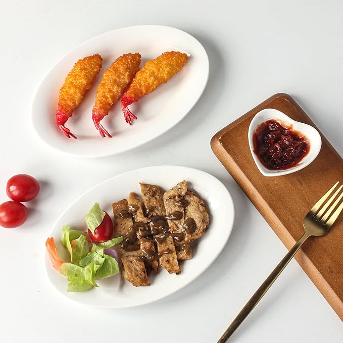 8 Inch Ceramic Appetizer Plates Oval, Porcelain Dessert Plates, Small Salad Plates Set, Small White Serving Plates for Salad, Appetizer, Snack, Sushi, Microwave, Dishwasher Safe, Set of 8